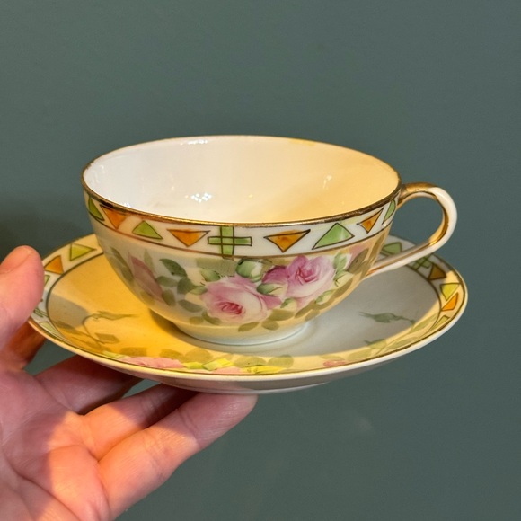 Nippon Other - Vintage Nippon Art Deco Porcelain Teacup cup and Saucer pink roses geometric rim